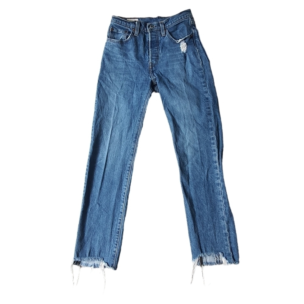LEVI'S Premium 501 Straight Fit Jeans Chewed Hem Distressed Button Fly Denim